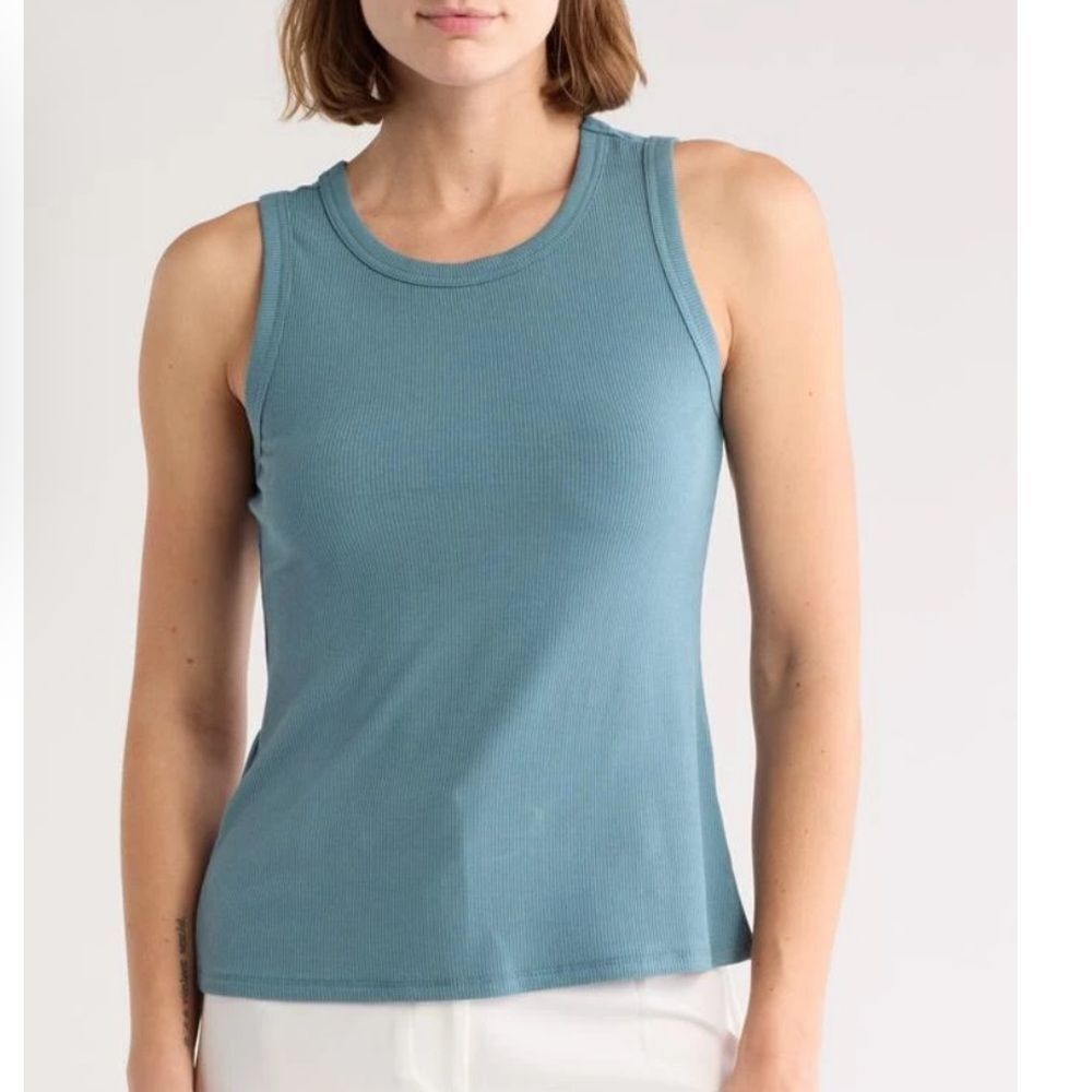 Halogen L Teal Blue Fitted Ribbed Sleeveless Tank Top